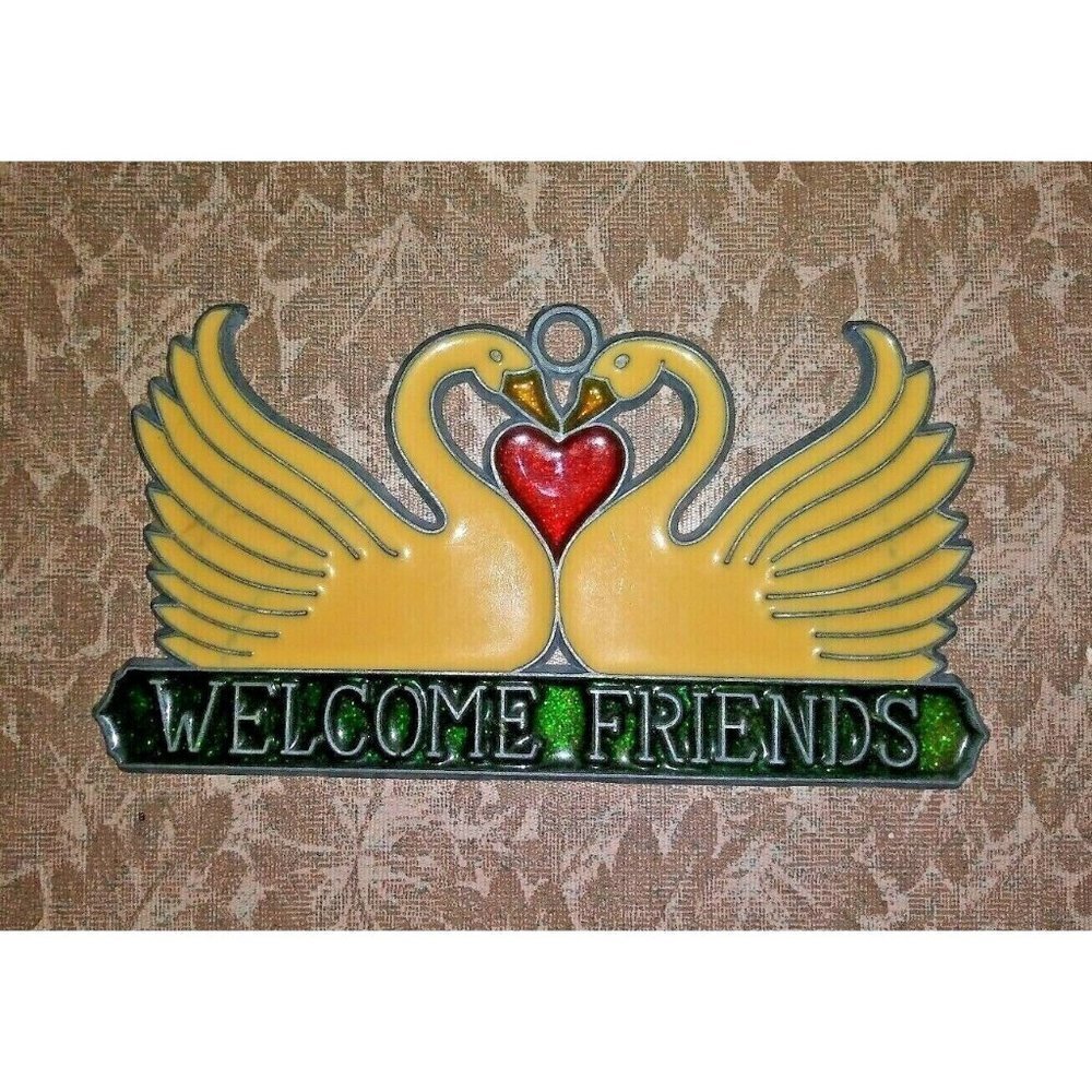 SUN-CATCHER Swans WELCOME FRIENDS yellow red green plastic stained EUC